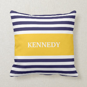 Navy Yellow Stripes Monogram Cushion