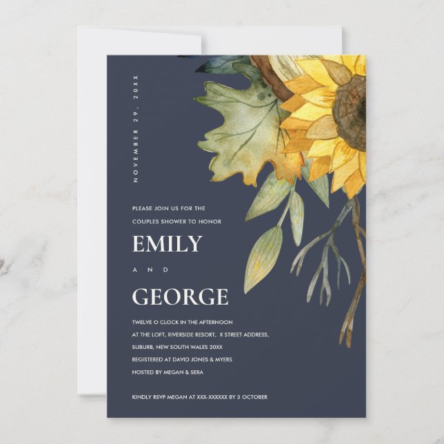 NAVY YELLOW SUNFLOWER FLORAL COUPLE SHOWER CARD (Front)