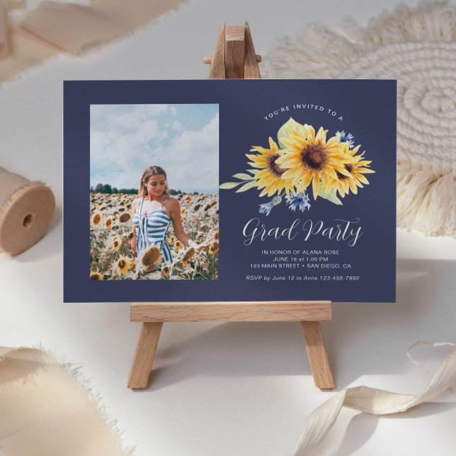 Navy + Yellow Sunflower Graduation Photo Invite (Creator Uploaded)