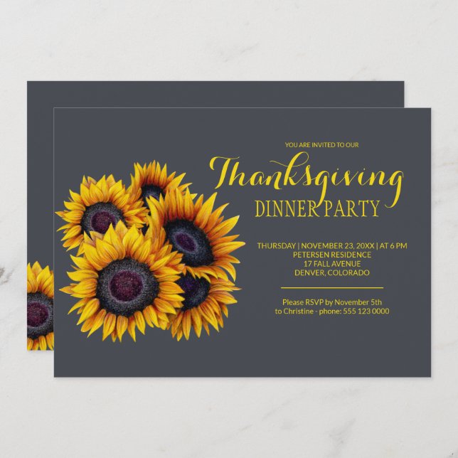 Navy Yellow Sunflowers Bouquet Thanksgiving Party Invitation (Front/Back)