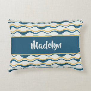 Navy Yellow Teal Waves Personalised Coastal Decor Decorative Cushion