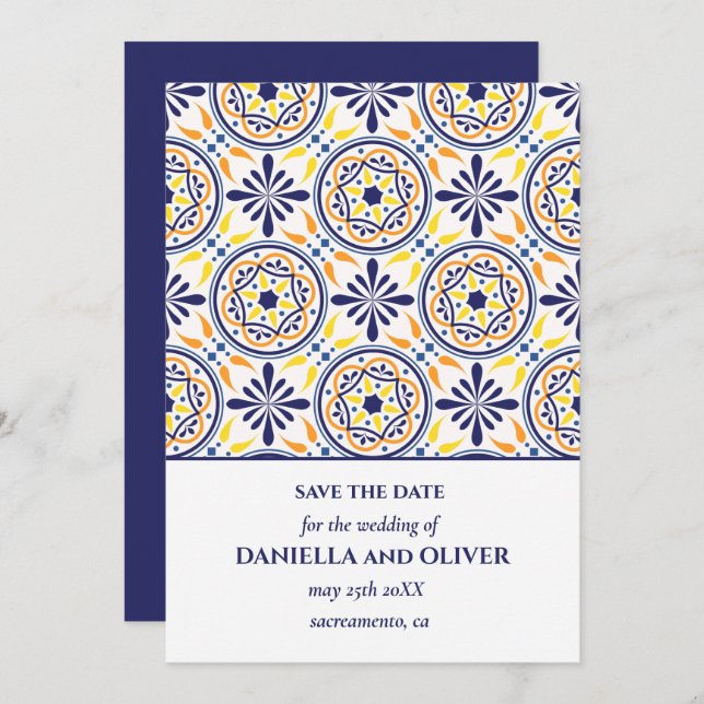 Navy Yellow Tile Mediterranean save the date Invitation (Front/Back)