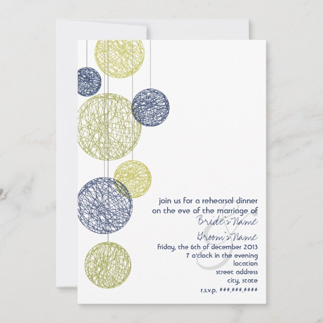 Navy & Yellow Twine Globes Rehearsal Dinner Invitation (Front)