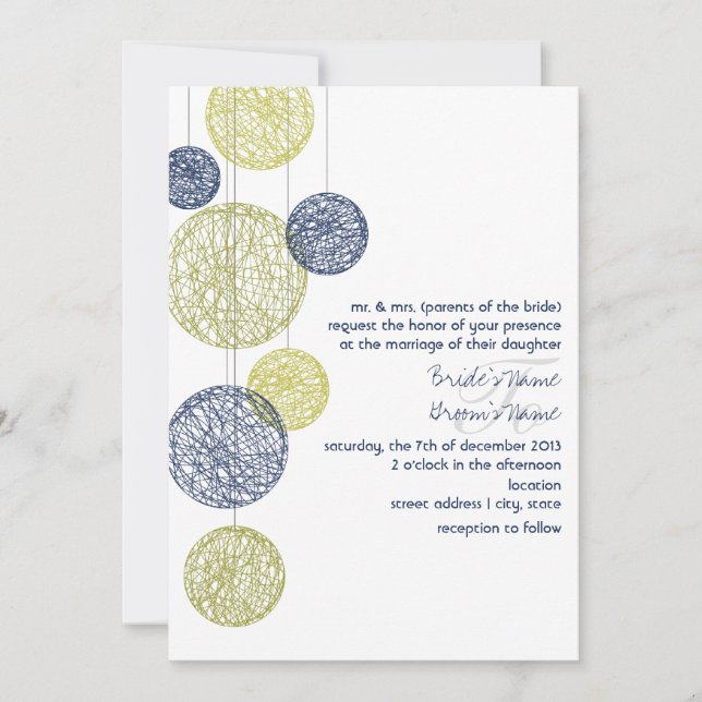 Navy & Yellow Twine Globes Wedding Invitation (Front)
