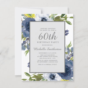 Navy Yellow White Floral Leaves 60th Birthday Invitation