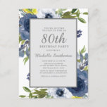 Navy Yellow White Floral Leaves 80th Birthday Invitation<br><div class="desc">Elegant navy blue,  yellow,  and white watercolor floral with green leaves on white 80th birthday party celebration invitation.  The lettering is a beautiful calligraphy script font.  Contact us for help with customisation or to request matching products.</div>