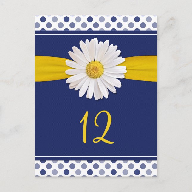 Navy, Yellow, White Polka Dot Daisy Table Cards (Front)
