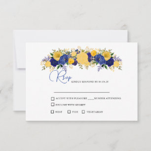 Navy & Yellowish Gold Floral Bouquet Wedding RSVP Card