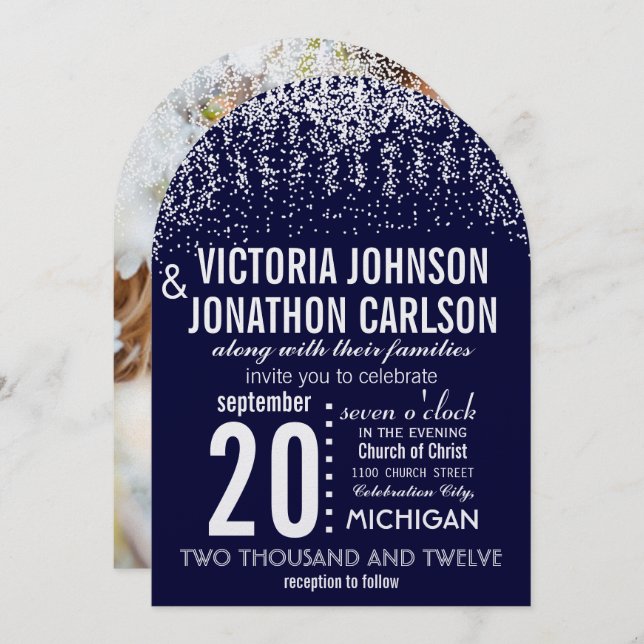 Navy Your Photo Confetti ModernTypography Invitation (Front/Back)