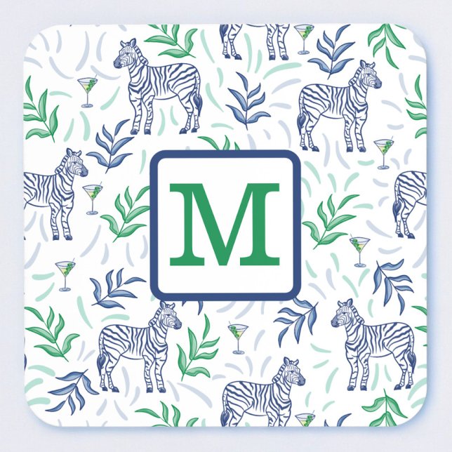 Navy Zebra Martini Monogram Preppy Coaster (Creator Uploaded)