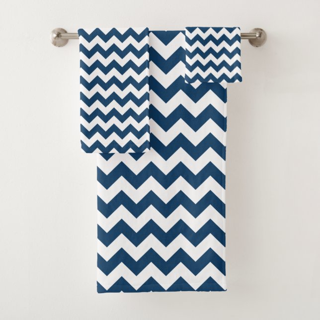 Navy Zigzag, Navy Chevron, Geometric Pattern Bath Towel Set (Insitu)