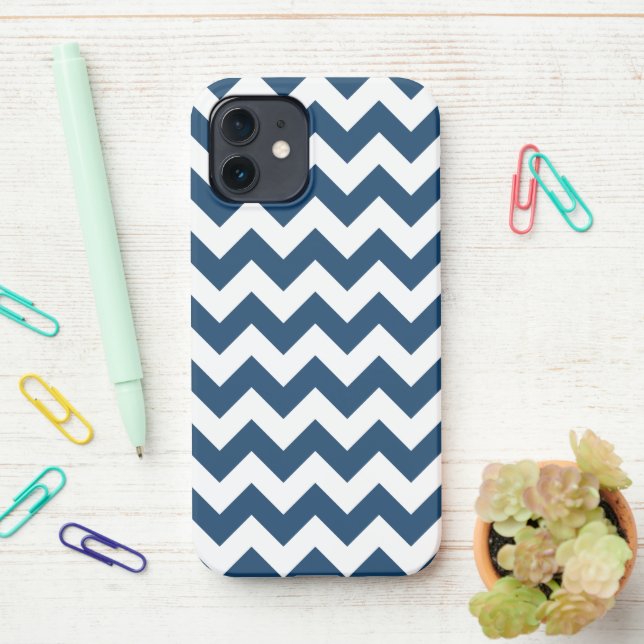 Navy Zigzag, Navy Chevron, Geometric Pattern iPhone Case (On Desk)