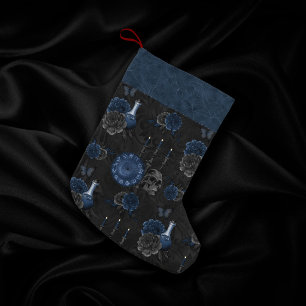 Navy Zodiac Magic Dark Blue Gothic Skull Roses Small Christmas Stocking