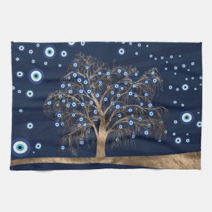 Nazar Charm Tree - Gold on Dark Blue Tea Towel
