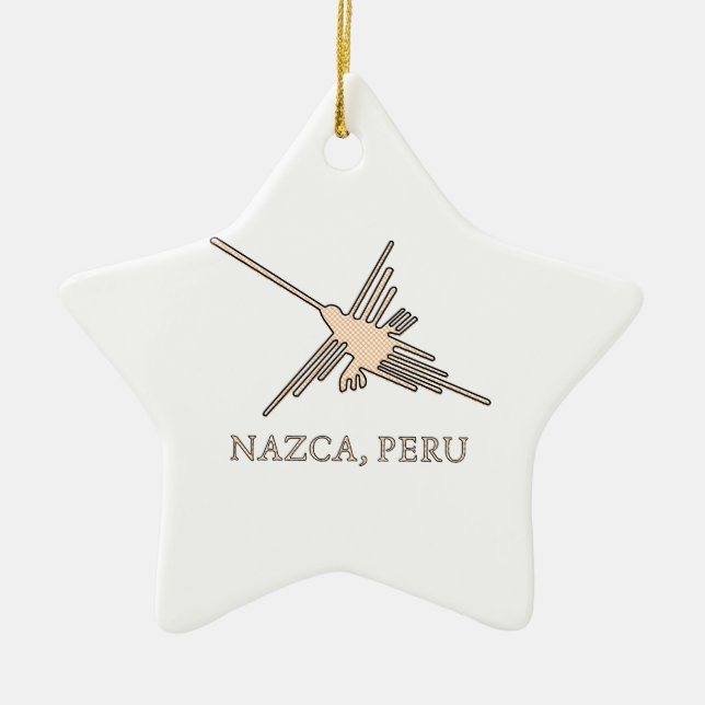 Nazca Hummingbird Geoglyph Newsprint Ceramic Tree Decoration (Front)