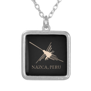 Nazca Hummingbird Geoglyph Newsprint Silver Plated Necklace