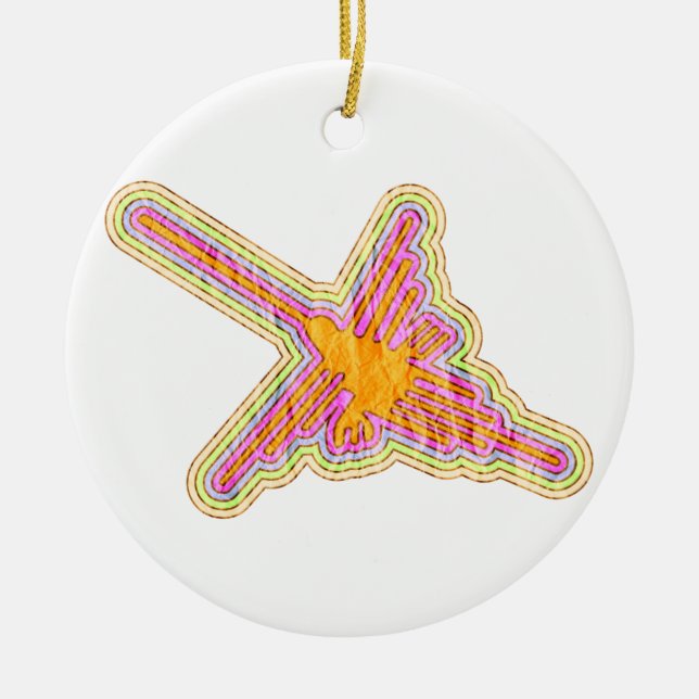 Nazca Lines Hummingbird With Wrinkled Paper Effect Ceramic Ornament (Front)