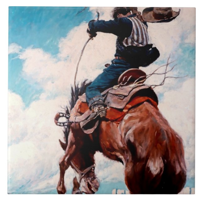 NC Wyeth Western Painting “Bucking” Ceramic Tile (Front)