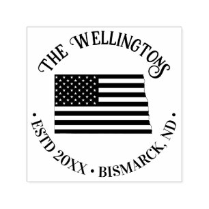ND State Map Stars Stripes Family Name Date Loc Self-inking Stamp