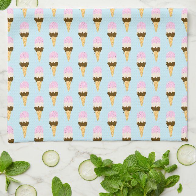 Neapolitan Ice Cream Cone Pattern Tea Towel (Folded)