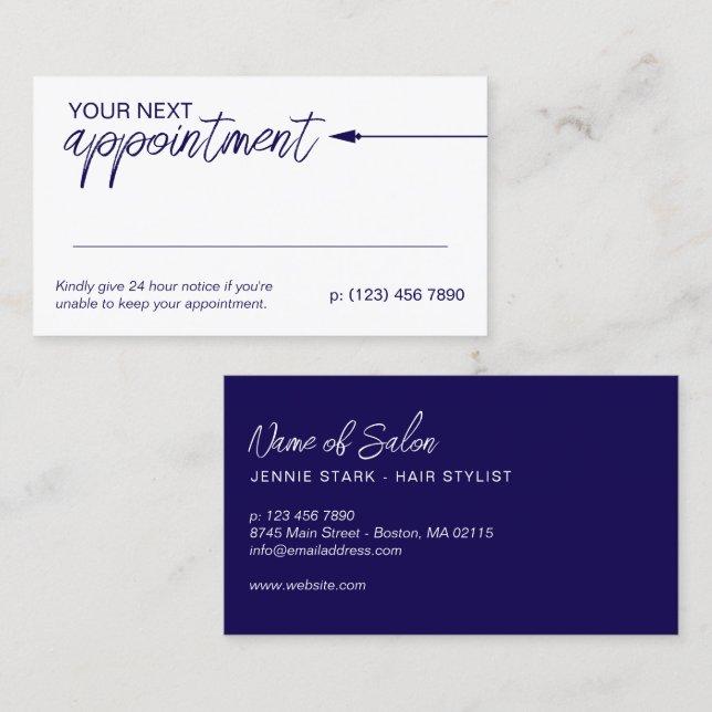 Neat Arrow Dark Blue Minimal Next Appointment Card (Front/Back)