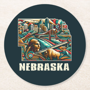 Nebraska Bold Geometric City Skyline Art Round Paper Coaster