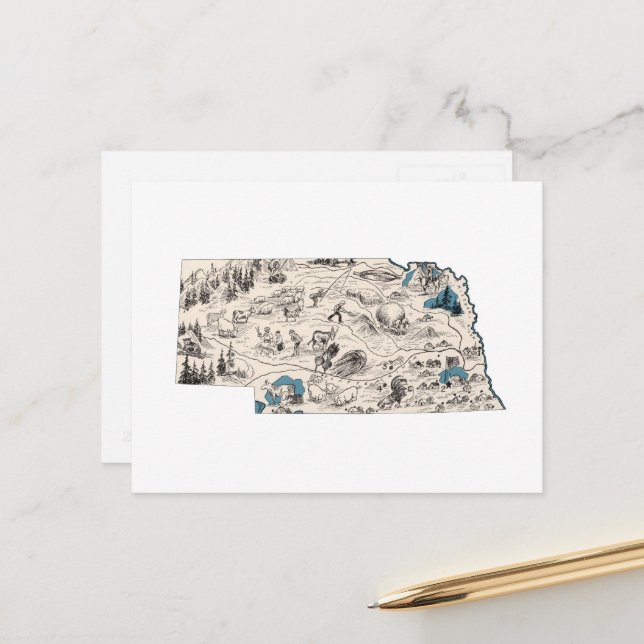 Nebraska Vintage Picture Map Nebraskan State Chart Postcard (Front/Back In Situ)