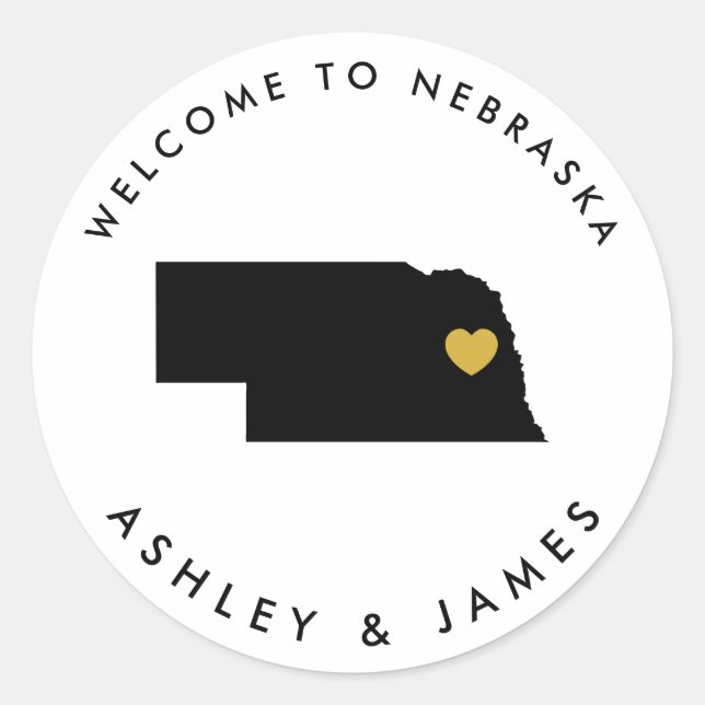 Nebraska Wedding Welcome Sticker Tag, Gold & Black (Front)