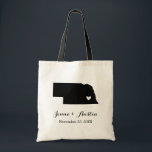 Nebraska Wedding Welcome Tote Bag<br><div class="desc">Welcome out of town wedding guests with a bag full of snacks and treats personalised with the state where you're getting married and the bride and groom's names and wedding date. Click Customise It to move the heart to show any city or location on the state map. Use the design...</div>
