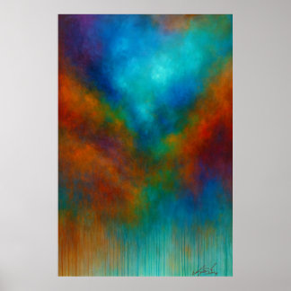 Nebula Cascade - Cyan and Crimson Abstract Drip Poster