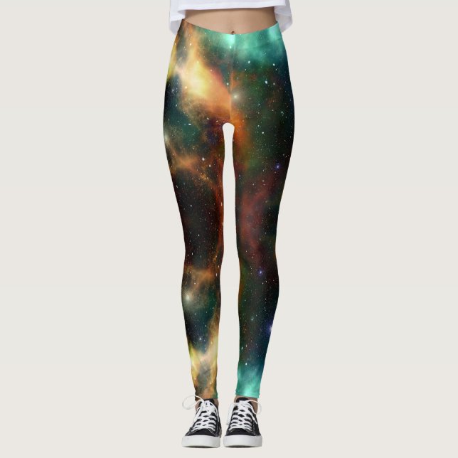 Nebula gold green blue gym active wear leggings (Front)