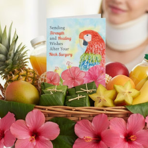 Neck Surgery Healing Scarlet Macaws, Hibiscus Card