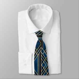 Neck Tie - Art Deco Blue & Gold Mirrored