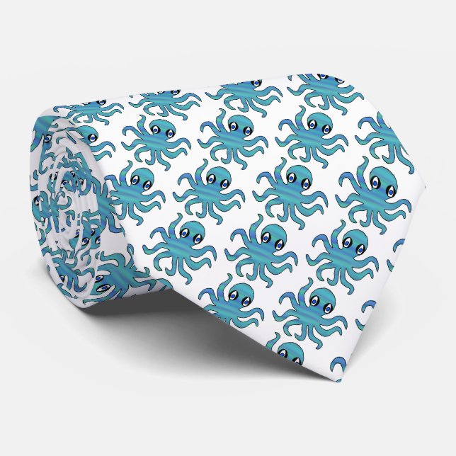 Neck Tie (white) - Blue Green Octopus (Rolled)