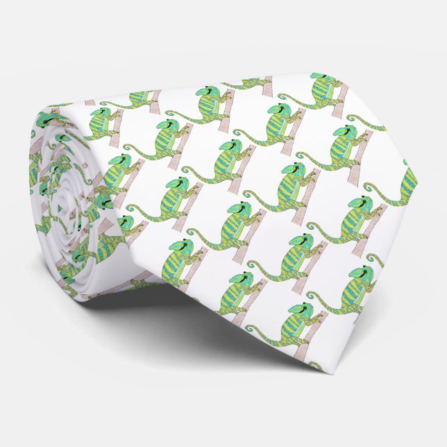 Neck Tie (white) - Green Chameleon (Rolled)