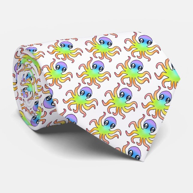 Neck Tie (white) - Rainbow Octopus (Rolled)