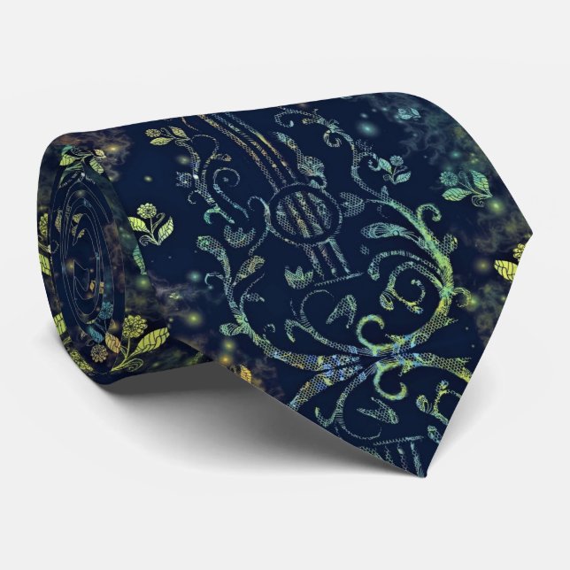 Neck Tie with Flowers Guitar Art  (Rolled)