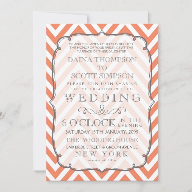 Nectarine Orange Chevron Stripes Wedding Invite (Front)