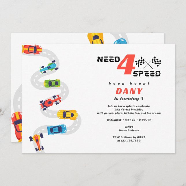 Need 4 Speed Motor Car Racing Boy Fourth Birthday Invitation (Front/Back)