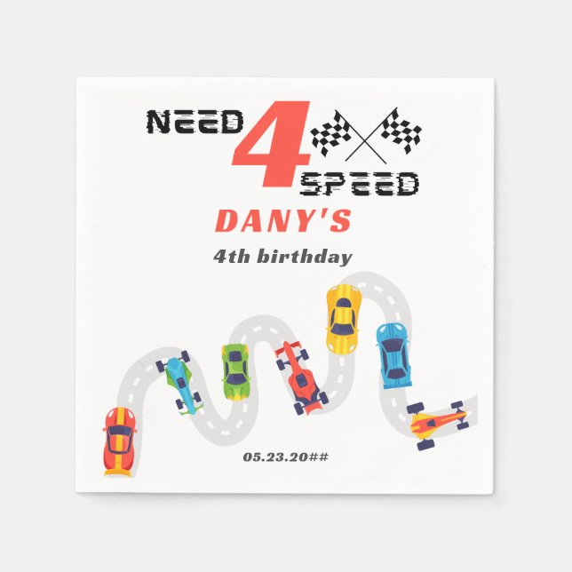 Need 4 Speed Motor Car Racing Boy Fourth Birthday Napkin (Front)