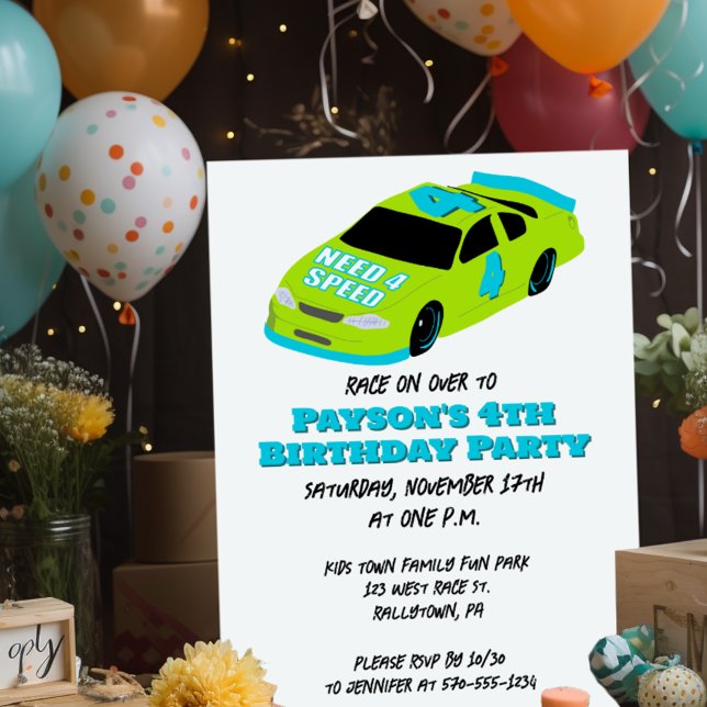 Need 4 Speed Race Car Boys 4th Birthday Party Invitation (Creator Uploaded)