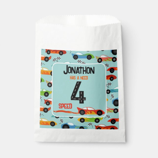Need 4 speed racecar fourth birthday party favour bag (Front)