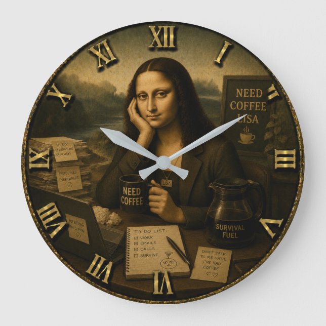 Need Coffee Funny Mona Lisa Coffee Lover Gift  Large Clock (Front)