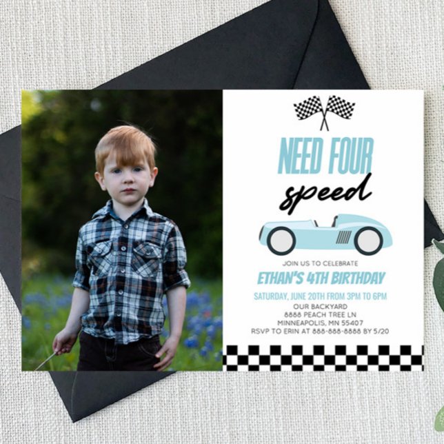 Need Four Race Car 4th Picture Birthday Party Invitation (Creator Uploaded)