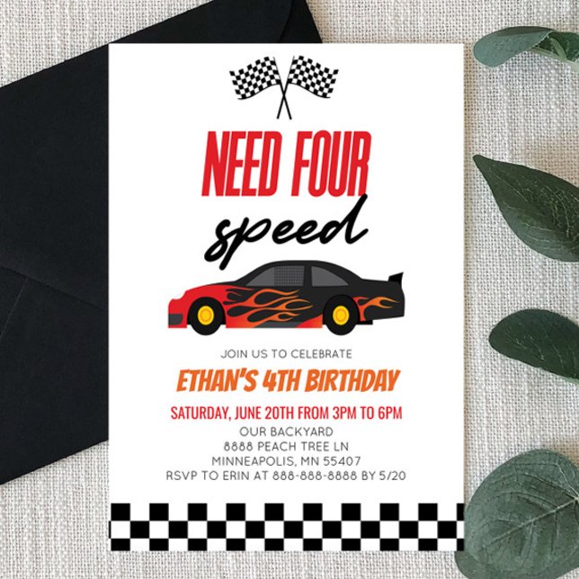 Need Four Red Flame Race Car 4th Birthday Party Invitation (Creator Uploaded)