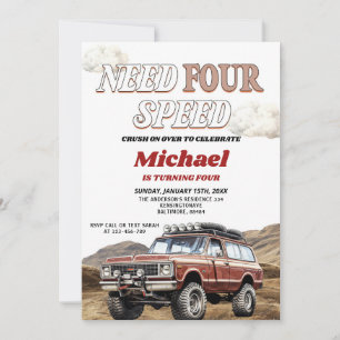 Need Four Speed 4x4 Red Truck 4th Birthday Party Invitation