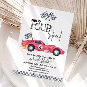 Need FOUR Speed Birthday Invitation   Red Race Car