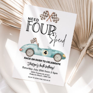 Need FOUR Speed Blue Race car 4th birthday Invitation