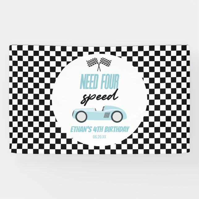 Need Four Speed Blue Race Car 4th Birthday Party Banner (Horizontal)