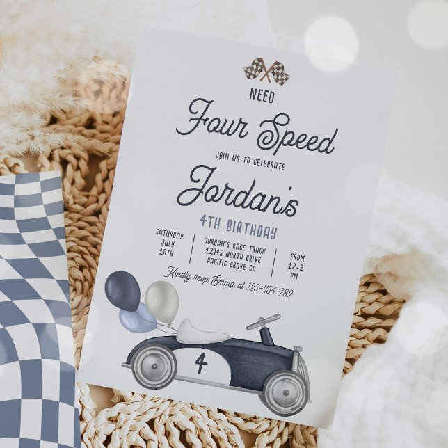 Need Four Speed Blue Race Car 4th Birthday Party Invitation (Creator Uploaded)